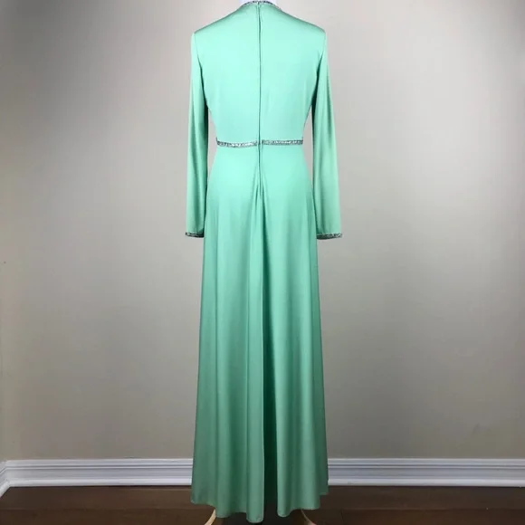 Lillie Rubin Vintage Green Crystal Embellished Gown Dress Knit Sustainable - Picture 4 of 8